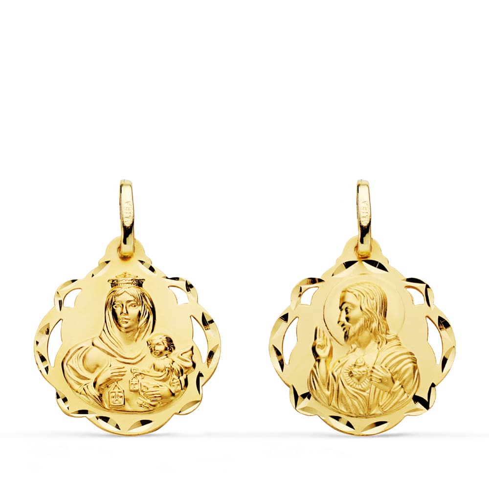18K ESCAPULARIO ORO AMARILLO PANDERETA VIRGEN DEL CARMEN Y CORAZON DE JESUS 20 MM