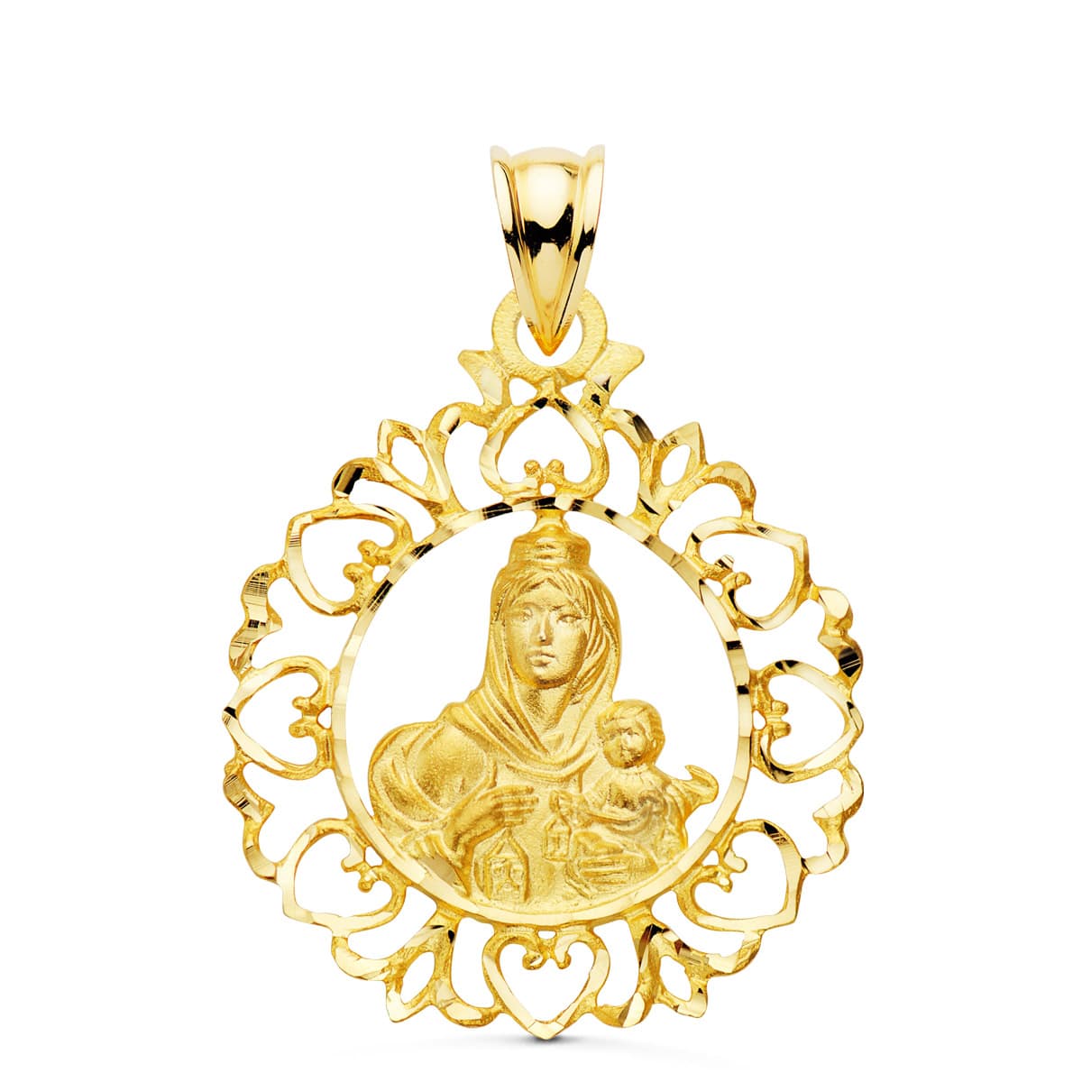 18K MEDALLA ORO AMARILLO VIRGEN DEL CARMEN CERCO ORLA CON CORAZONES 30X25 MM