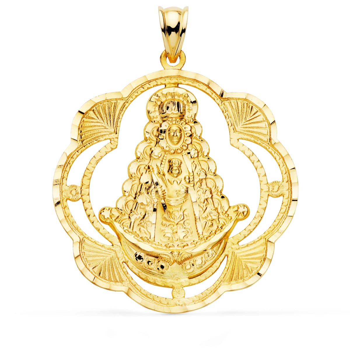 Medalla Virgen del Rocio Pandereta 38 x 34 mm de oro amarillo 18K