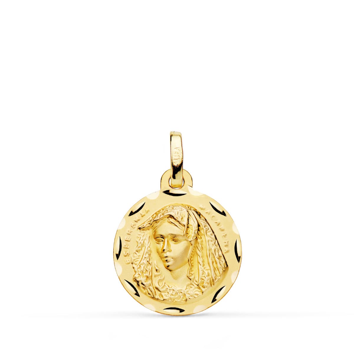 Medalla Virgen Macarena 16 mm Tallada de oro amarillo 18K