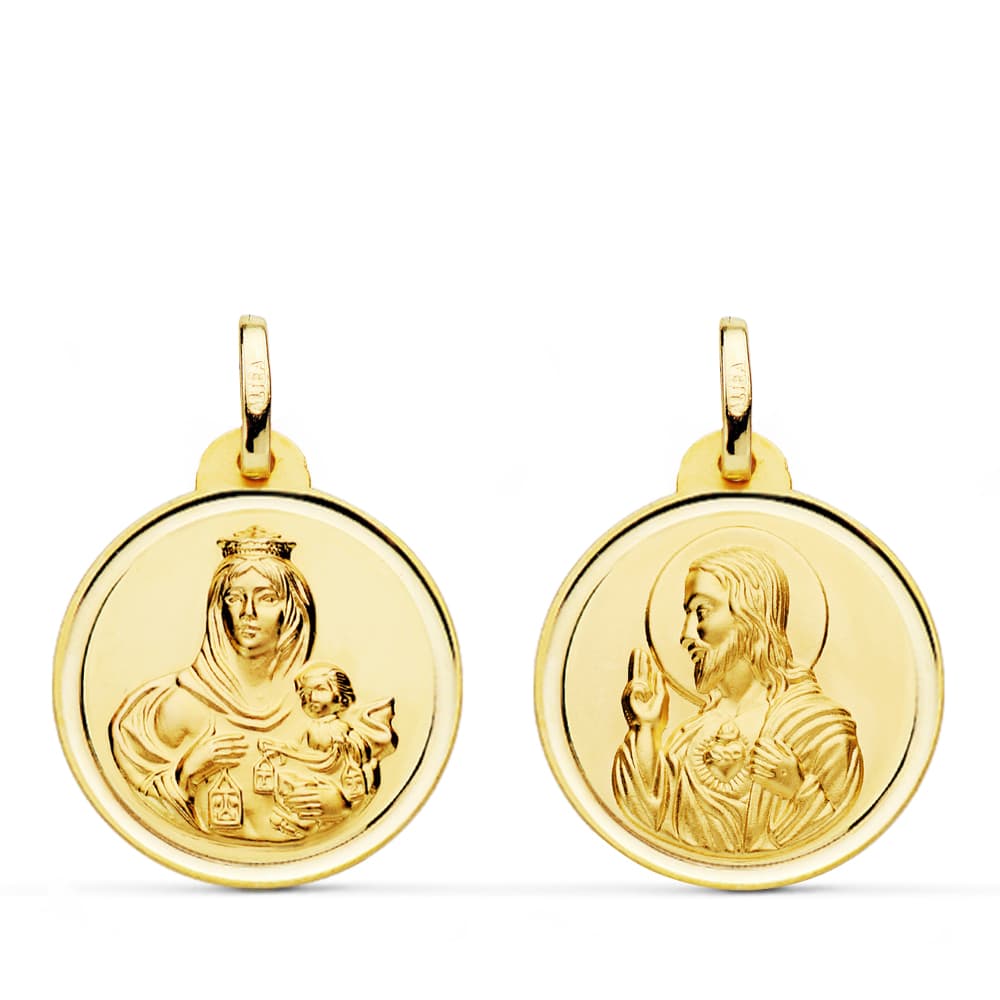 Escapulario Bisel Virgen del Carmen Corazon de Jesus 20 mm de oro amarillo 18K