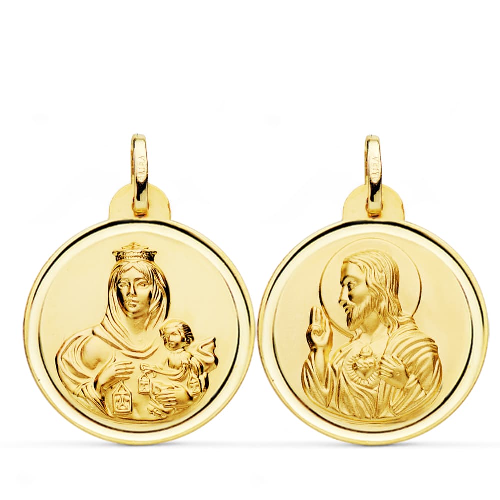 18K ESCAPULARIO ORO AMARILLO BISEL ORO AMARILLO VIRGEN DEL CARMEN CORAZON JESUS 24 MM
