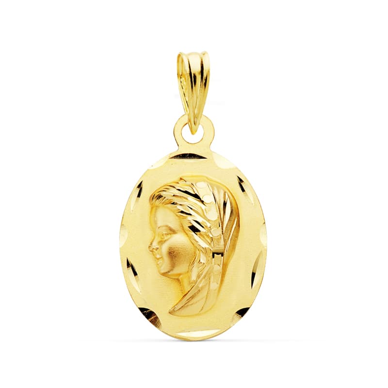 Medalla Virgen Niña Oval Lisa Matizada. Medida: 23 x 15 mm de oro amarillo 18K