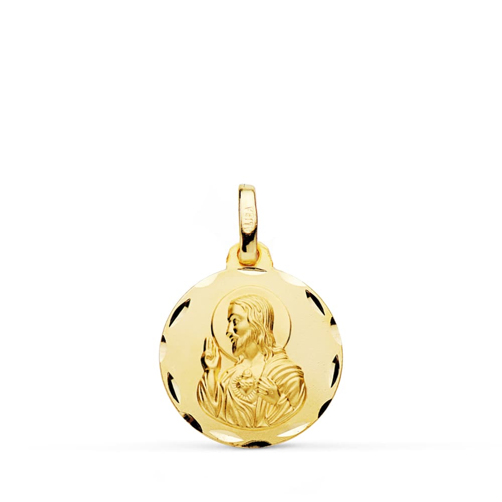 Medalla Cristo Sagrado Corazon de Jesus Tallada 16 mm de oro amarillo 18K
