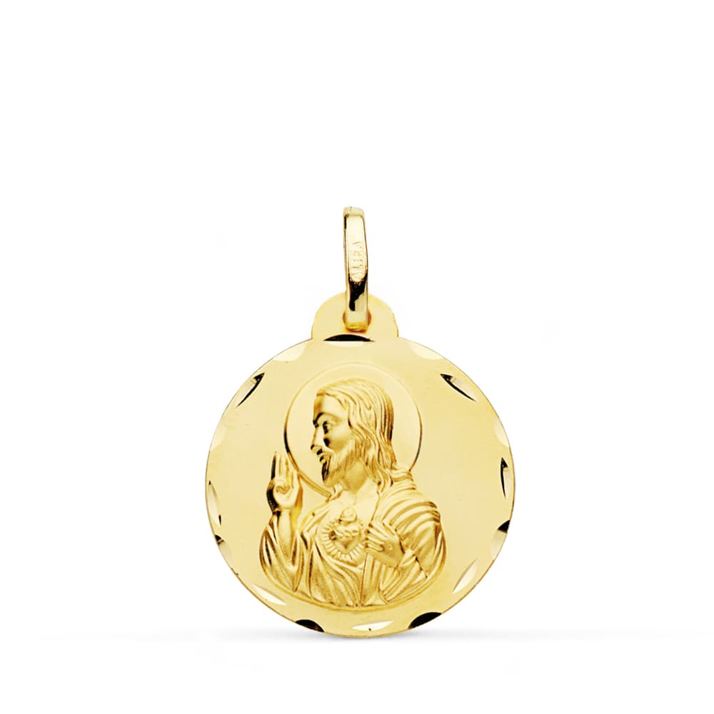Medalla Cristo Sagrado Corazon de Jesus Tallada 20 mm de oro amarillo 18K