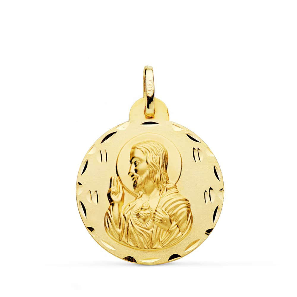 Medalla Cristo Sagrado Corazon de Jesus Tallada 24 mm de oro amarillo 18K