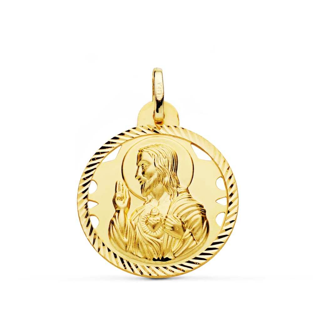 Medalla Cristo Sagrado Corazon de Jesus Helice Calada 24 mm de oro amarillo 18K