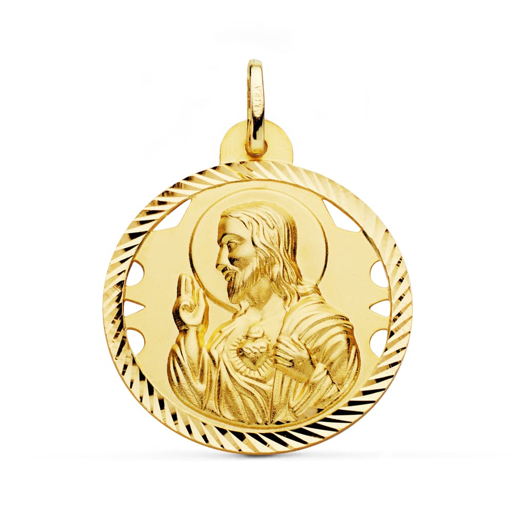 Medalla Cristo Sagrado Corazon de Jesus Calado Cerco Helice Tallado 28 mm de oro amarillo 18K