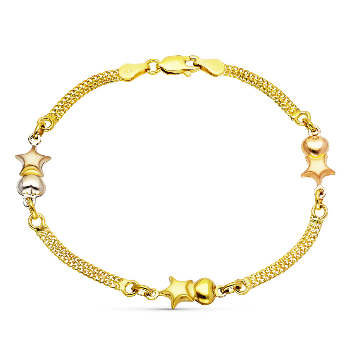 Pulsera Tricolor Estrellas y Corazones 18K