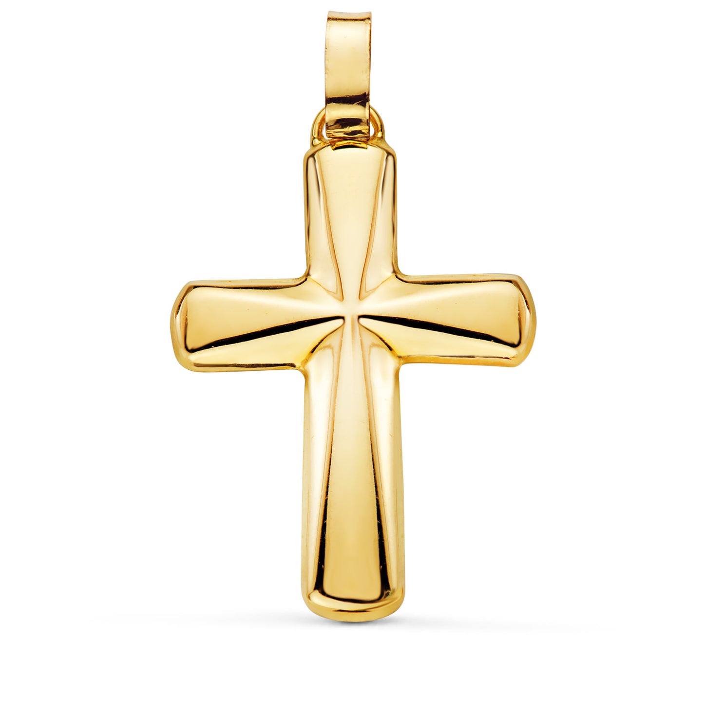 18K CRUZ ORO AMARILLO HUECA EN BRILLO. PALO RECTANGULAR: 7 X 2,5 MM. MEDIDA: 38 X 26 MM