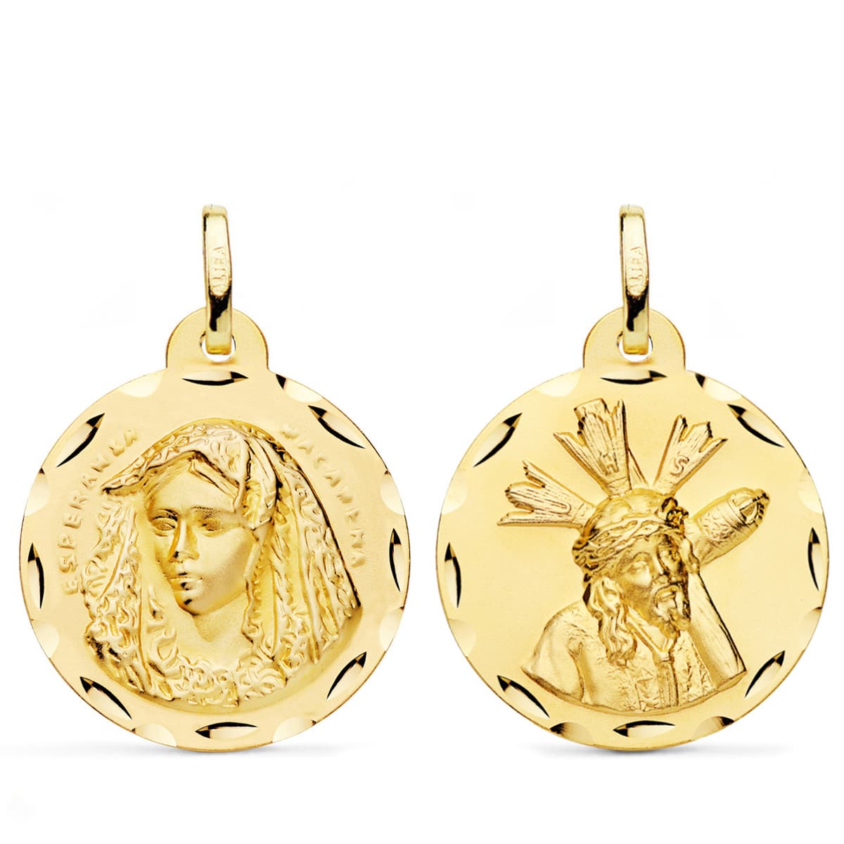 18K ESCAPULARIO ORO AMARILLO VIRGEN MACARENA Y GRAN PODER TALLADA 24 MM