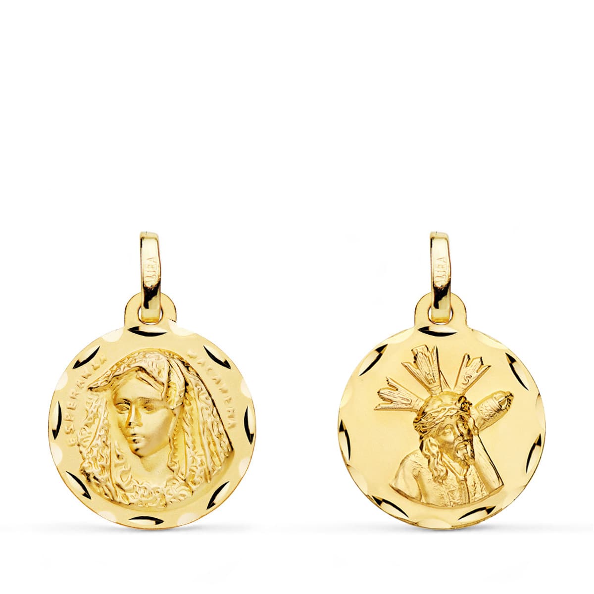 18K ESCAPULARIO ORO AMARILLO VIRGEN MACARENA Y GRAN PODER TALLADA 16 MM