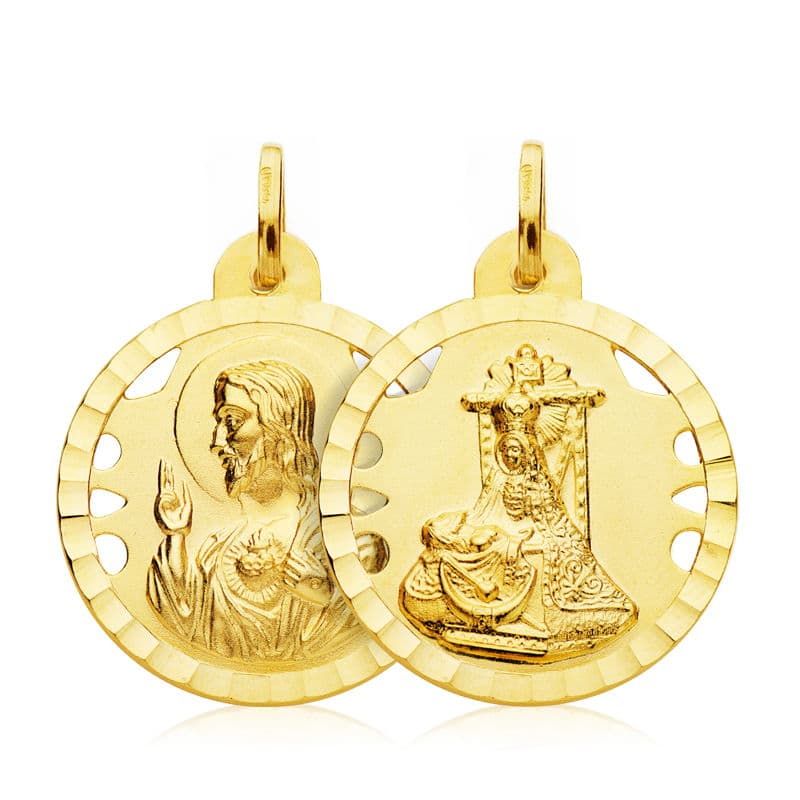 18K ESCAPULARIO ORO AMARILLO VIRGEN DE LAS ANGUSTIAS CORAZON DE JESUS 22 MM