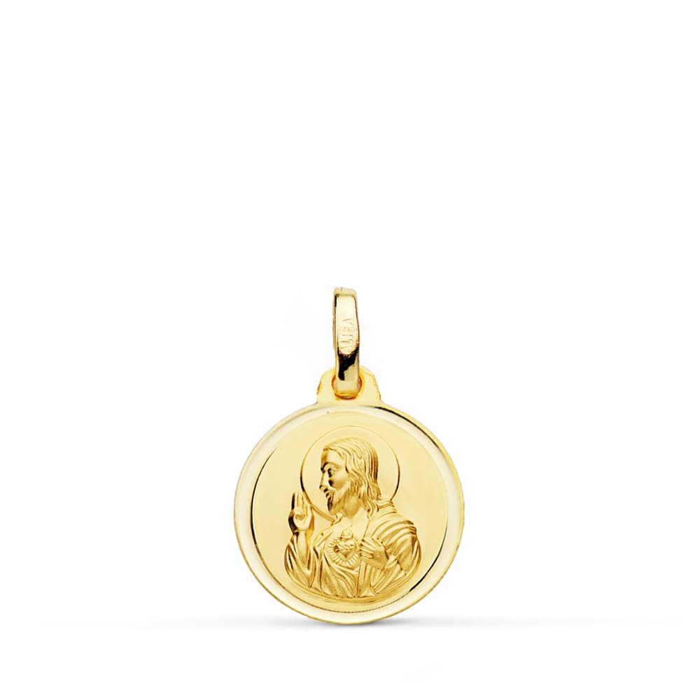 Medalla Cristo Sagrado Corazon de Jesus Bisel 14 mm de oro amarillo 18K