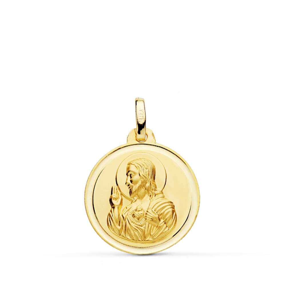 18K ESCAPULARIO ORO AMARILLO VIRGEN DE LOS DESAMPARADOS Y CORAZON JESUS 18 MM BISEL