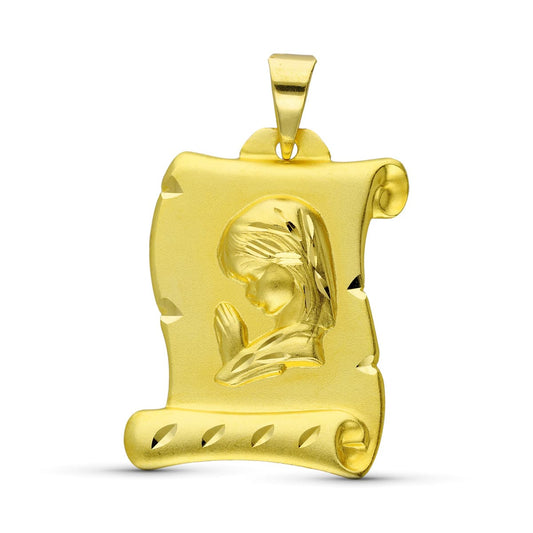18K COLGANTE PERGAMINO ORO AMARILLO VIRGEN NIÑA 28X20 MM