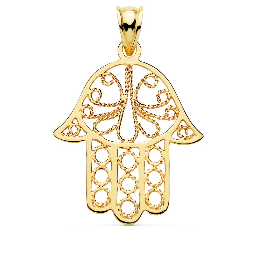 Colgante Amuleto Mano Fatima Calada. Medida: 32 x 29 mm de oro amarillo 18K