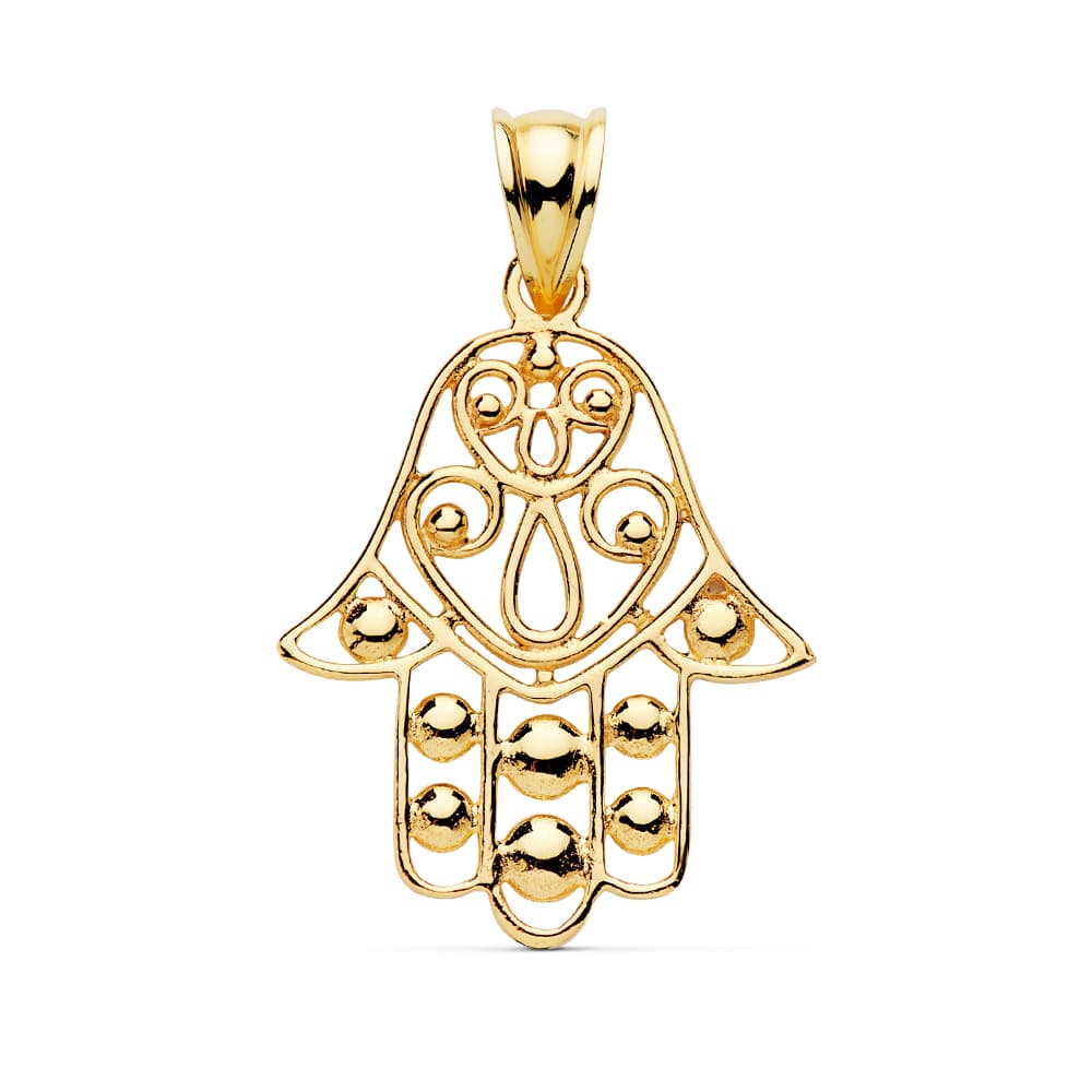 18K COLGANTE AMULETO ORO AMARILLO MANO FATIMA 27X23 MM