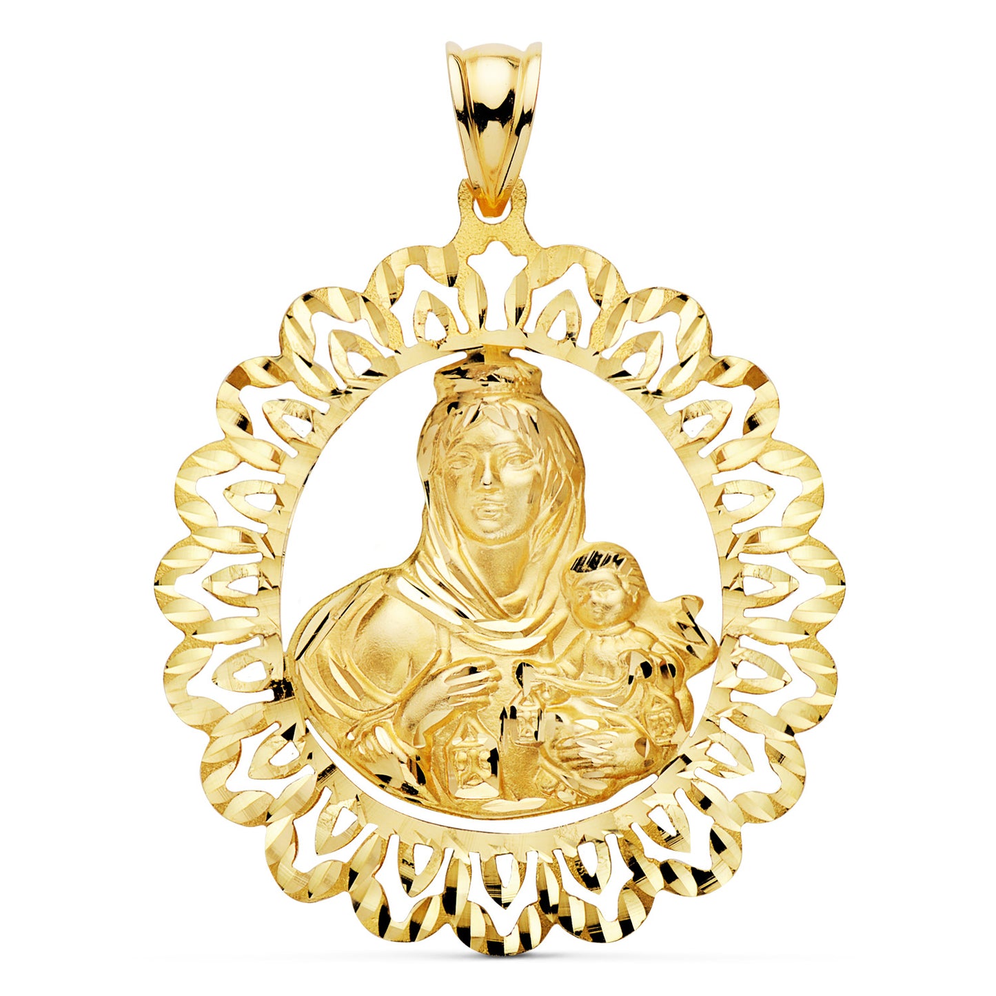 18K MEDALLA ORO AMARILLO VIRGEN DEL CARMEN CERCO TALLADO 41X35 MM