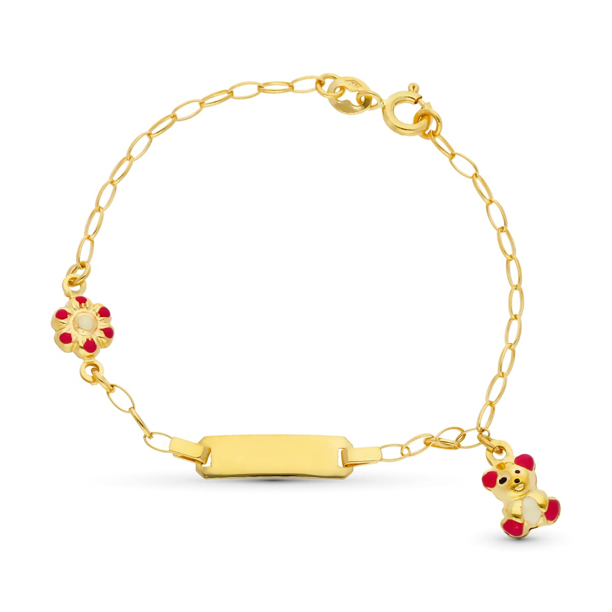 Esclava Oso y Flor Esmalte 13 cm de oro amarillo 18K