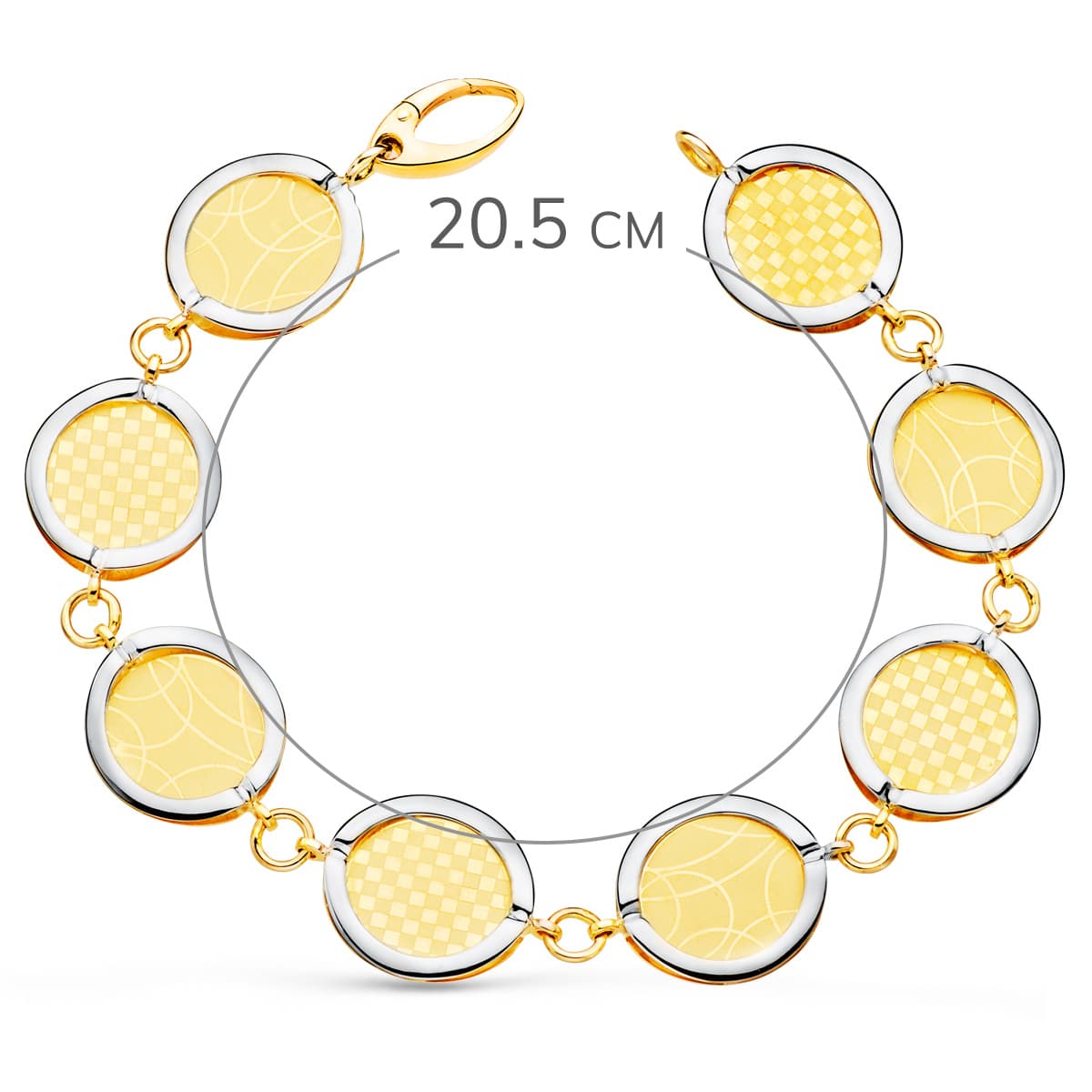 18K PULSERA ORO BICOLOR ESLABONES REDONDOS DISEÑOS MATIZADOS. 20.5 CM