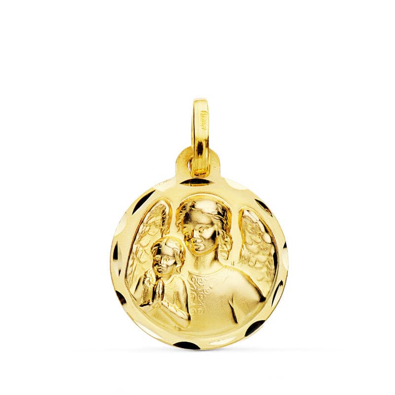Medalla Angel de la Guarda con Niño Tallada 16 mm de oro amarillo 18K