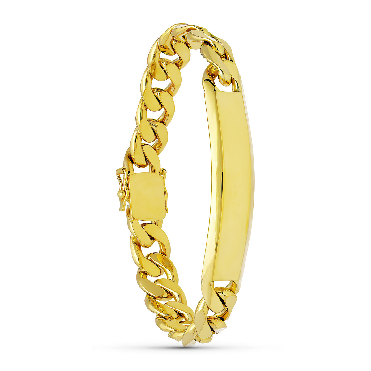 Pulsera Esclava Barbada Maciza Ancho: 10 mm. Largo: 20,5 cm Placa Chapa: 58 x 11 mm de oro amarillo 18K