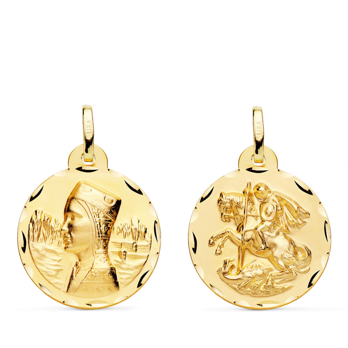 Escapulario Virgen Montserrat y San Jorge Tallada 20 mm de oro amarillo 18K