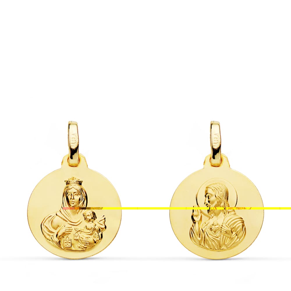 18K ESCAPULARIO ORO AMARILLO LISO VIRGEN DEL CARMEN CORAZON DE JESUS 14 MM