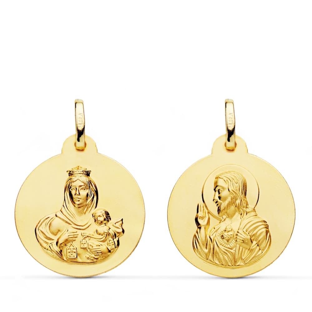 18K ESCAPULARIO ORO AMARILLO LISO VIRGEN DEL CARMEN CORAZON DE JESUS 20 MM