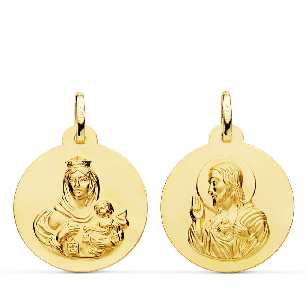 18K ESCAPULARIO ORO AMARILLO LISO VIRGEN DEL CARMEN CORAZON JESUS 22 MM