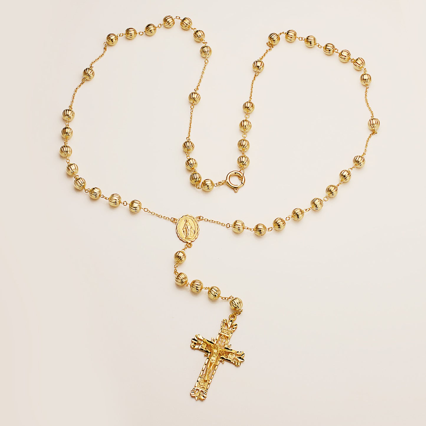 18K ROSARIO ORO AMARILLO CON BOLAS 6 MM, CRUZ 45X27 MM Y MILAGROSA. CADENA 65 CM