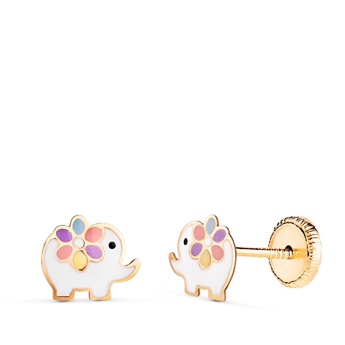 Pendientes Elefantes Esmaltados. Medida: 7 x 6 mm. Cierre Tuerca de oro amarillo 18K