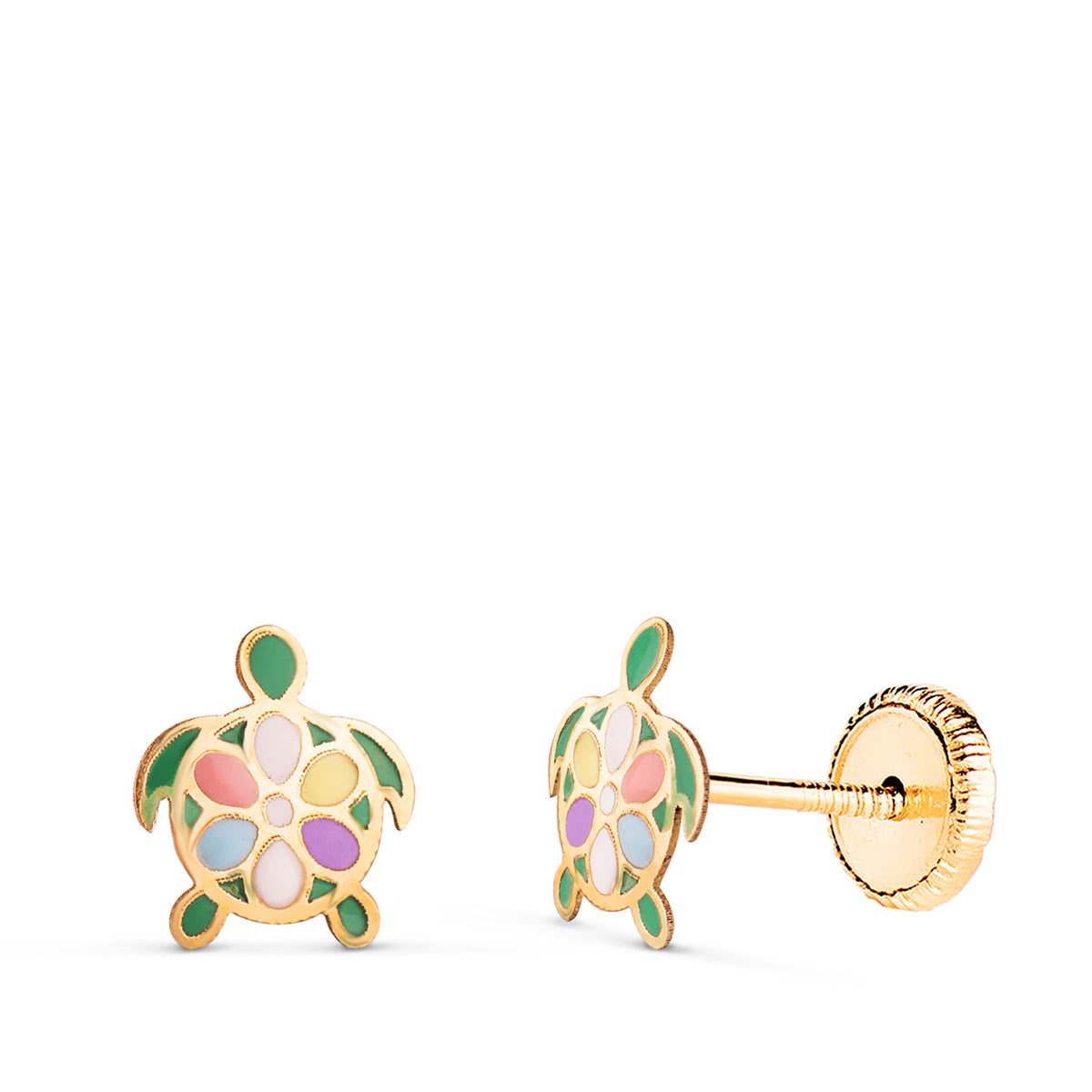 Pendientes Tortugas Esmaltadas. Medida: 7,5 x 6,5 mm. Cierre Tuerca de oro amarillo 18K