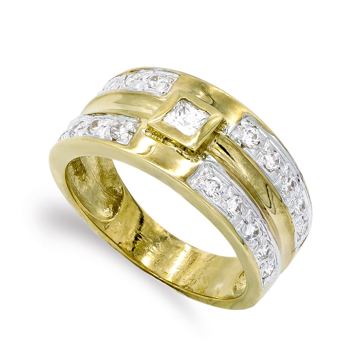 Sortija Macizo con Circonitas. Ancho: 9,5 mm de oro amarillo 18K