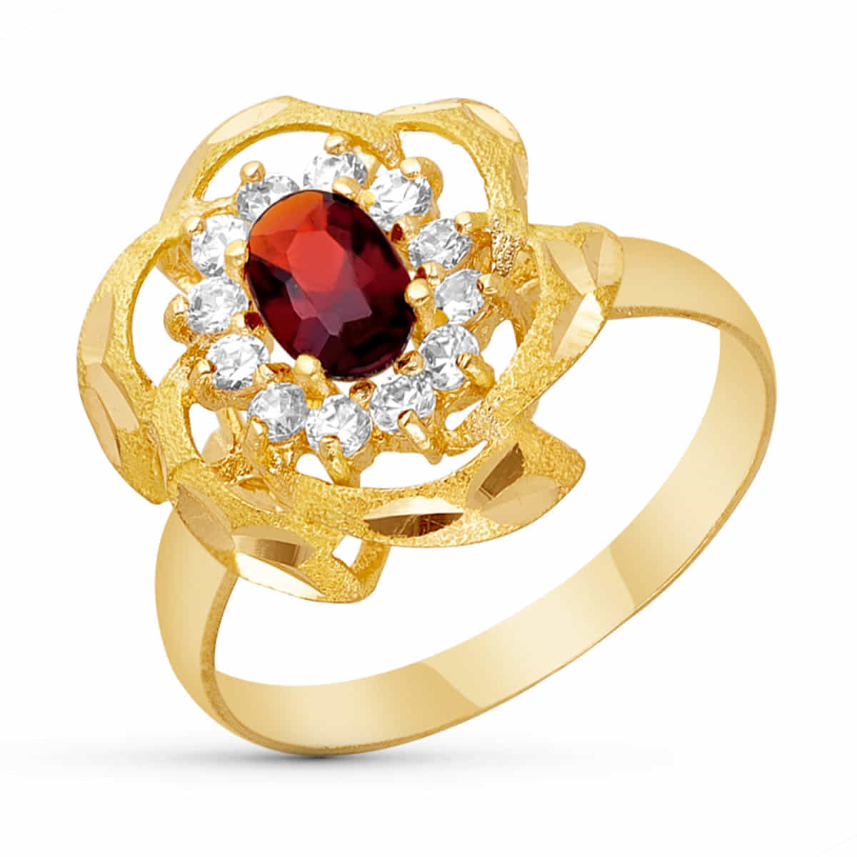 Sortija Piedra Granate y Circonitas de oro amarillo 18K