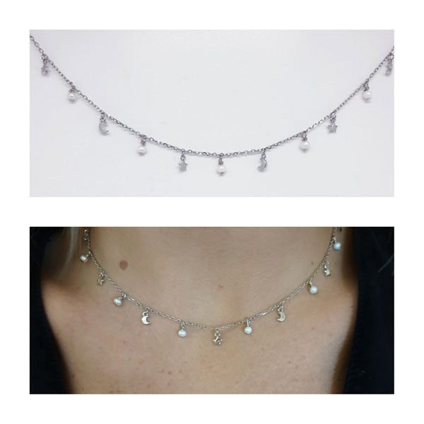 Gargantilla Plata - Coll796 Collar Charms Y Perlas - Senora