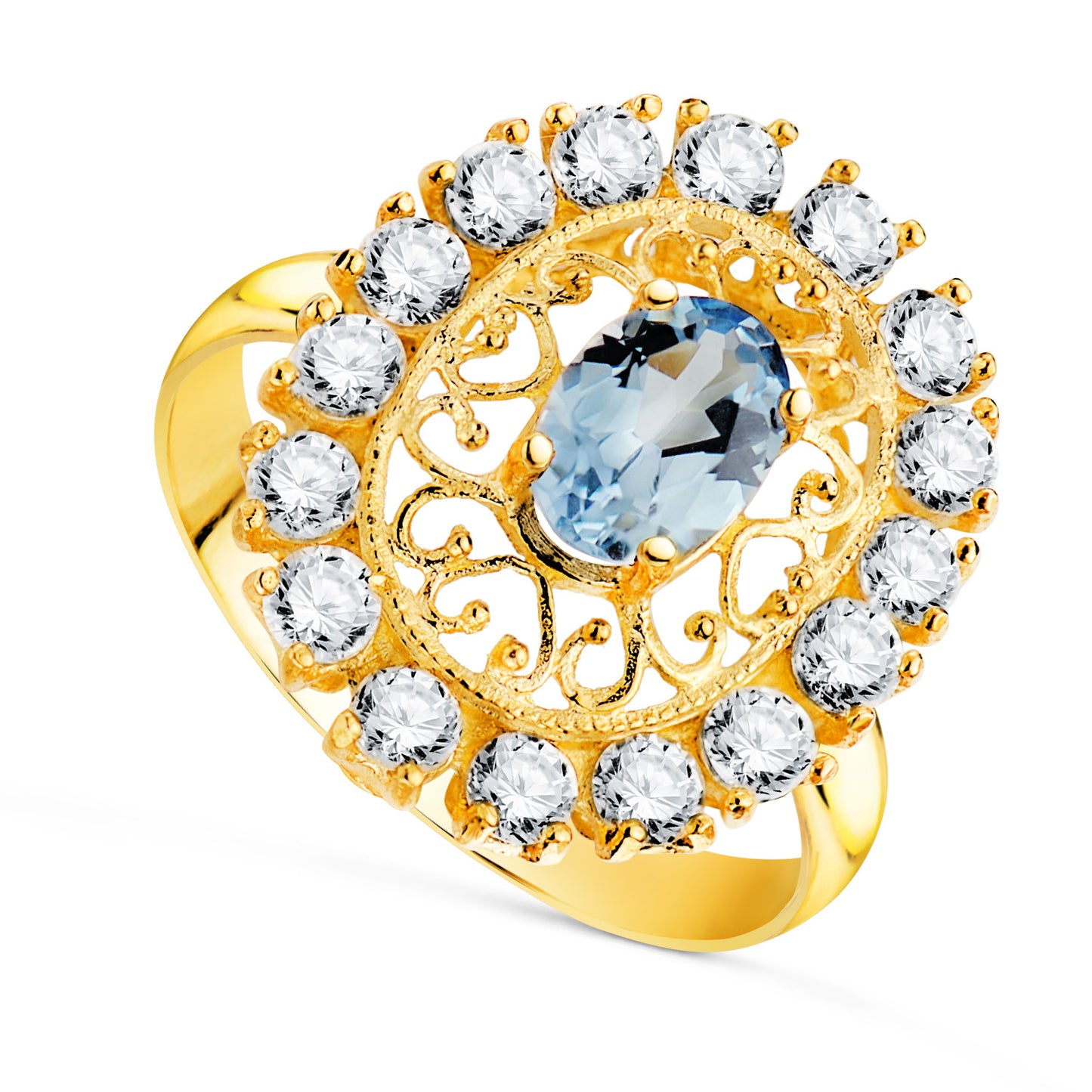 18K SORTIJA ORO AMARILLO CALADA CON PIEDRA AGUAMARINA 7X5 MM CON CIRCONITAS. MEDIDA: 19X16 MM.