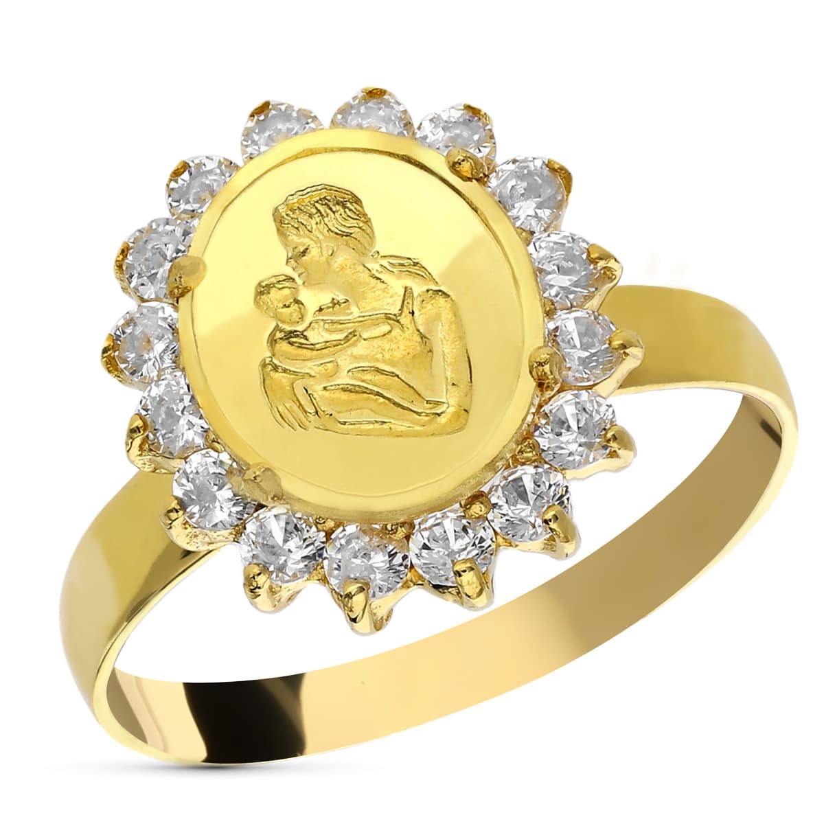18K SORTIJA ORO AMARILLO MONEDA MADRE CON CIRCONITAS. ANCHO: 15 MM