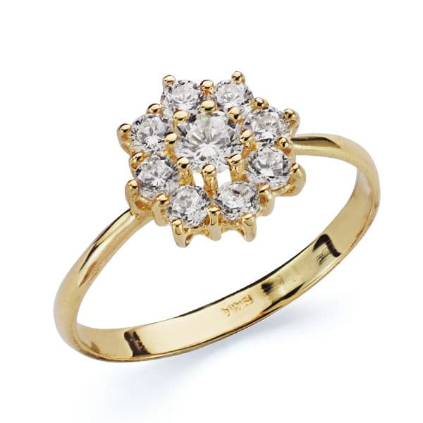 Sortija Cuajo Piña con Circonitas. Ancho: 10 mm de oro amarillo 18K