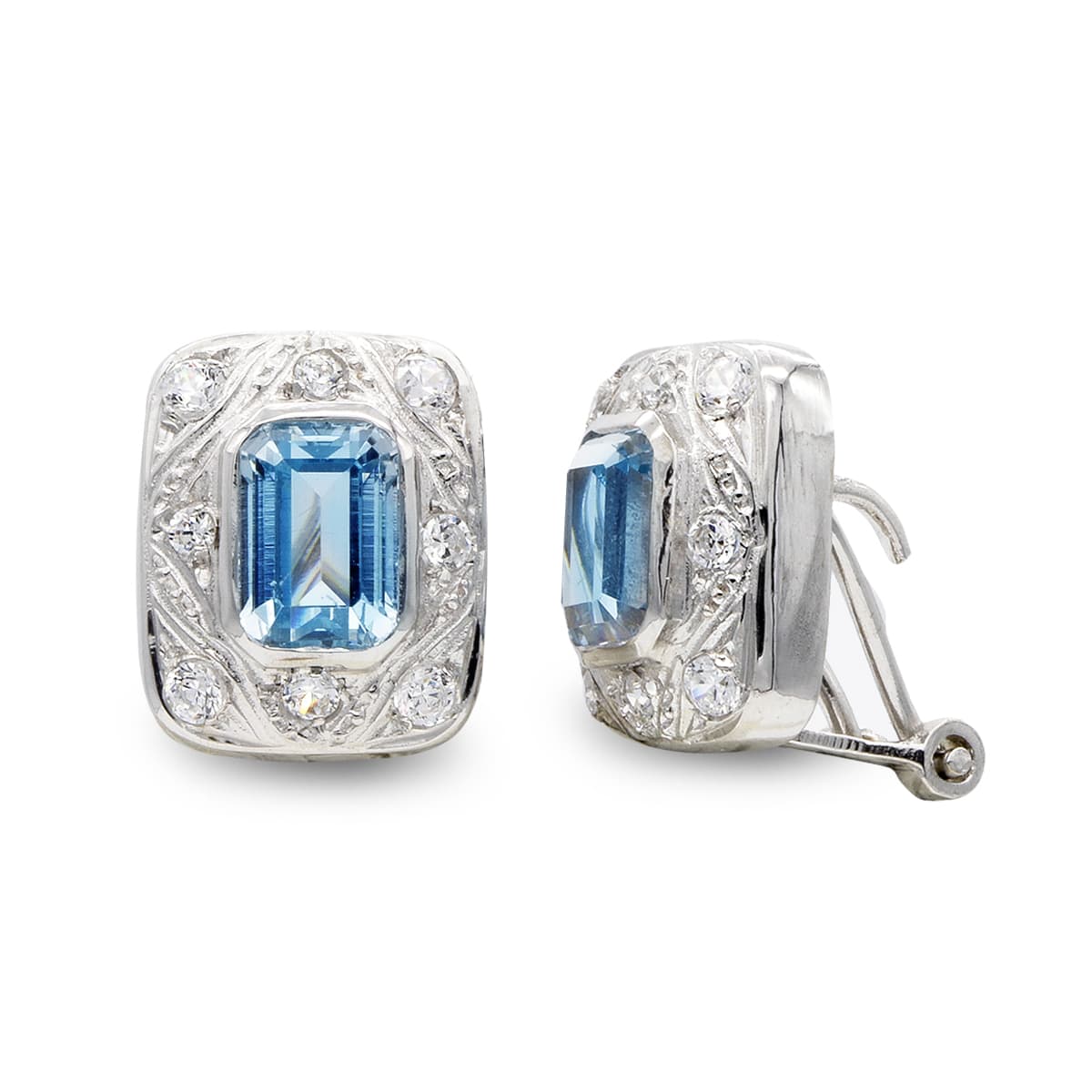 Pendientes Agua Marina y Circonitas 12 x 10 mm de oro blanco 18K