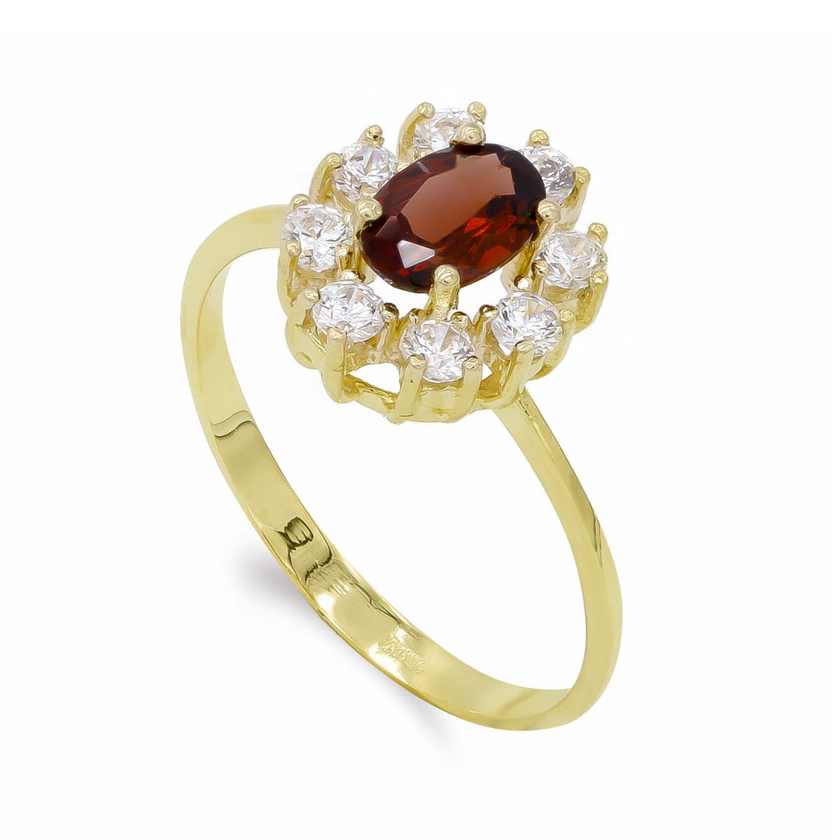Sortija Cuajo Granate 7 x 5 mm y Circonitas. de oro amarillo 18K