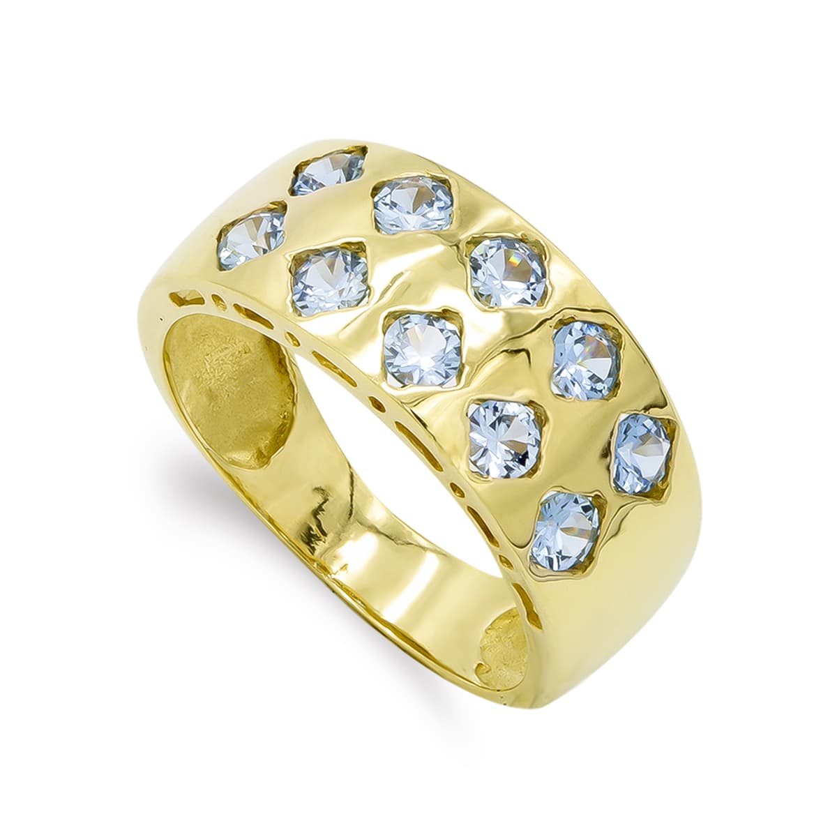 Sortija Macizo con Circonita Aguamarina. Ancho 8 mm de oro amarillo 18K