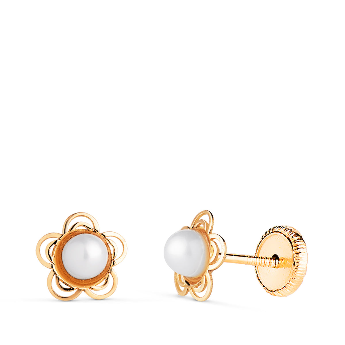 Pendientes Flor Calada con Perla 3 mm. Medida: 6 mm.cierre Tuerca de oro amarillo 18K