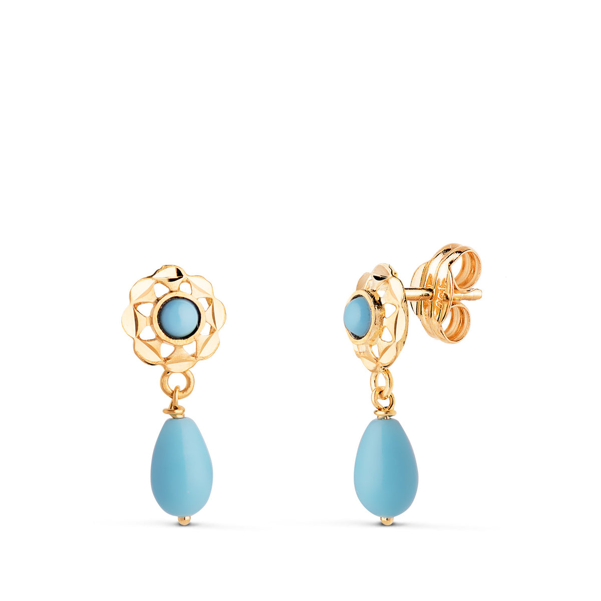 Pendientes Cubanas con Turquesa Redonda y Lagrima. 15 x 6 mm de oro amarillo 18K