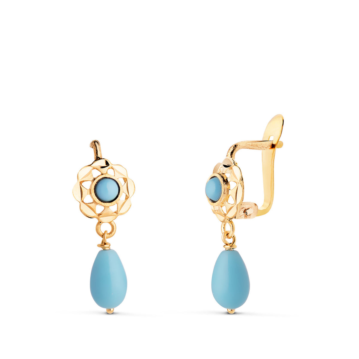 Pendientes Cubanas Turquesas. 17 x 6 mm de oro amarillo 18K