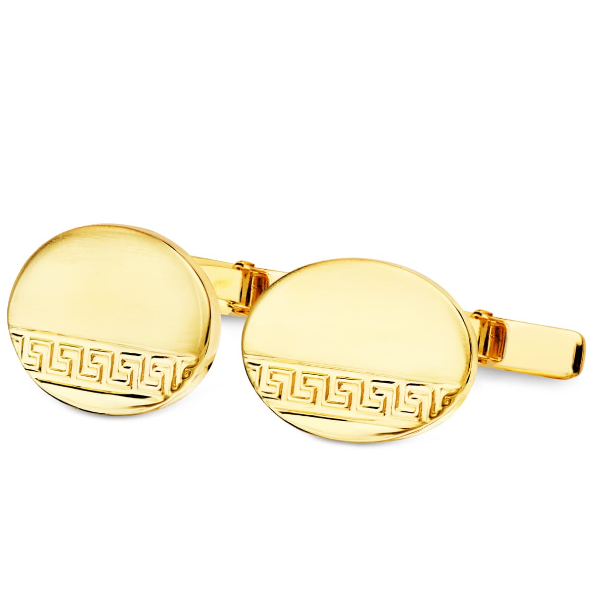 Gemelos Oval Greca Mate y Brillo 18 x 13 mm Cierre Rigido Oscilante de oro amarillo 18K