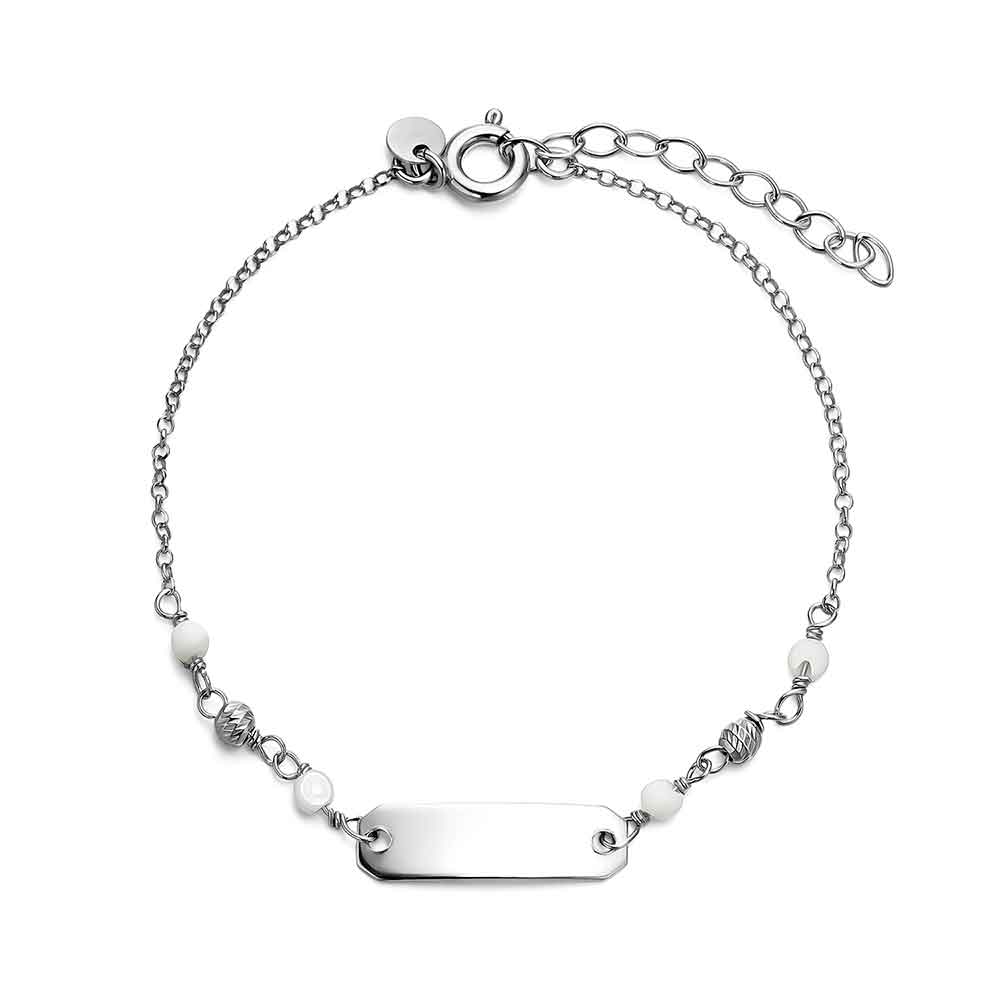 Pulsera de plata rodiada con bolas blancas y chapa