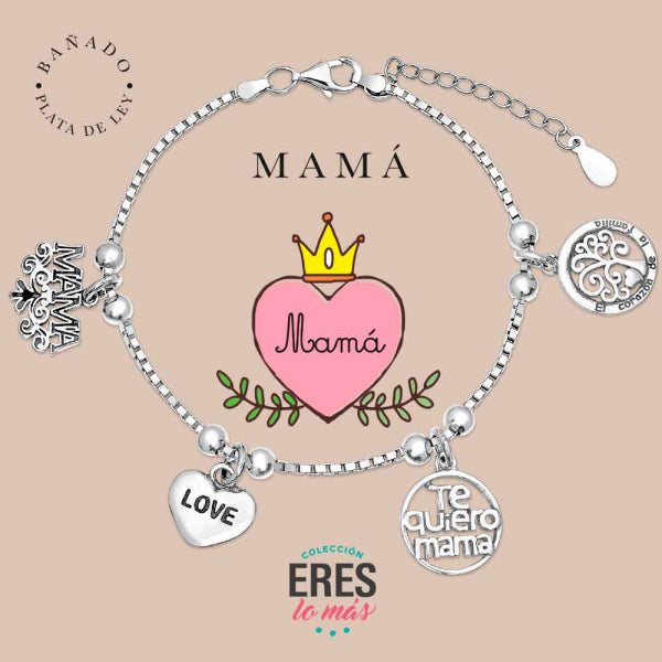 Pulsera eres lo más mamá metal bañado en plata con cuatro colgantes