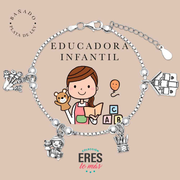 Pulsera eres lo más educadora infantil metal bañado en plata con cuatro colgantes